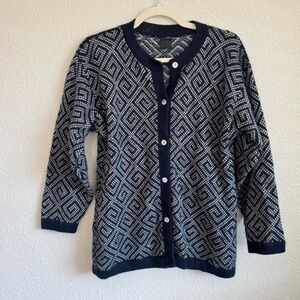 Vintage 90s ML Kessler Alpaca Wool Cardigan Sweater Medium Geometric Knit Blue